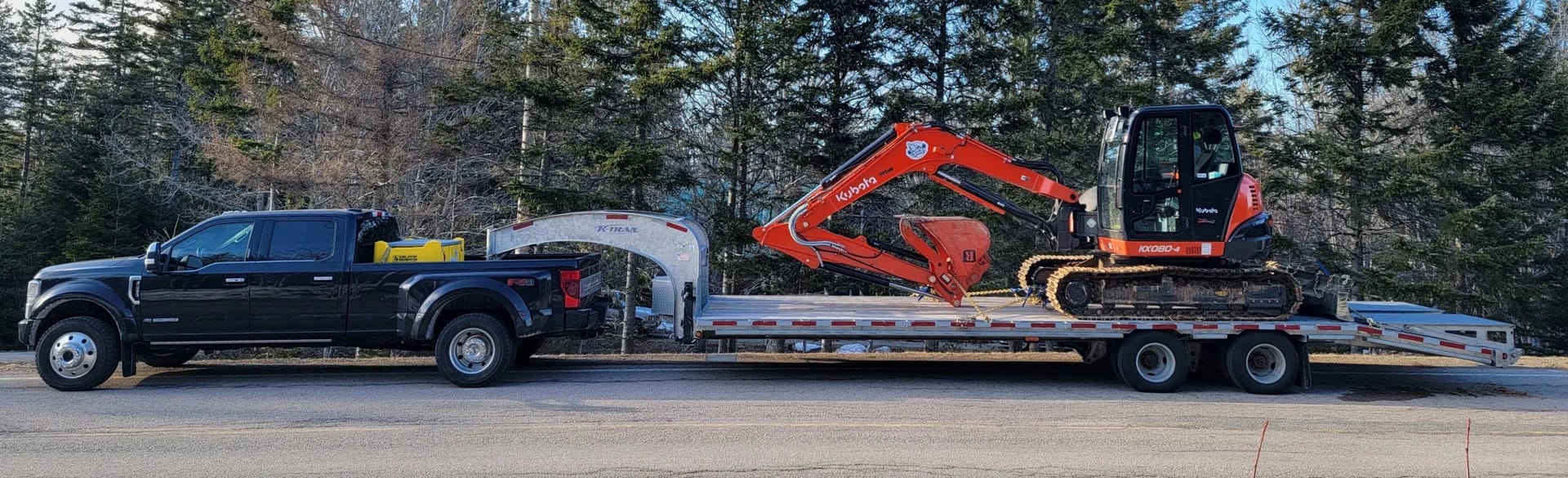 Truck Pulling Trailer W Backhoe